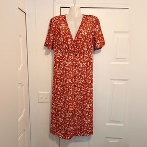 SHEIN Burnt Orange Floral Midi Dress with Button Front Size L but fit as Small